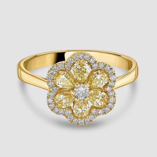 Yellow and white diamond floral cluster ring