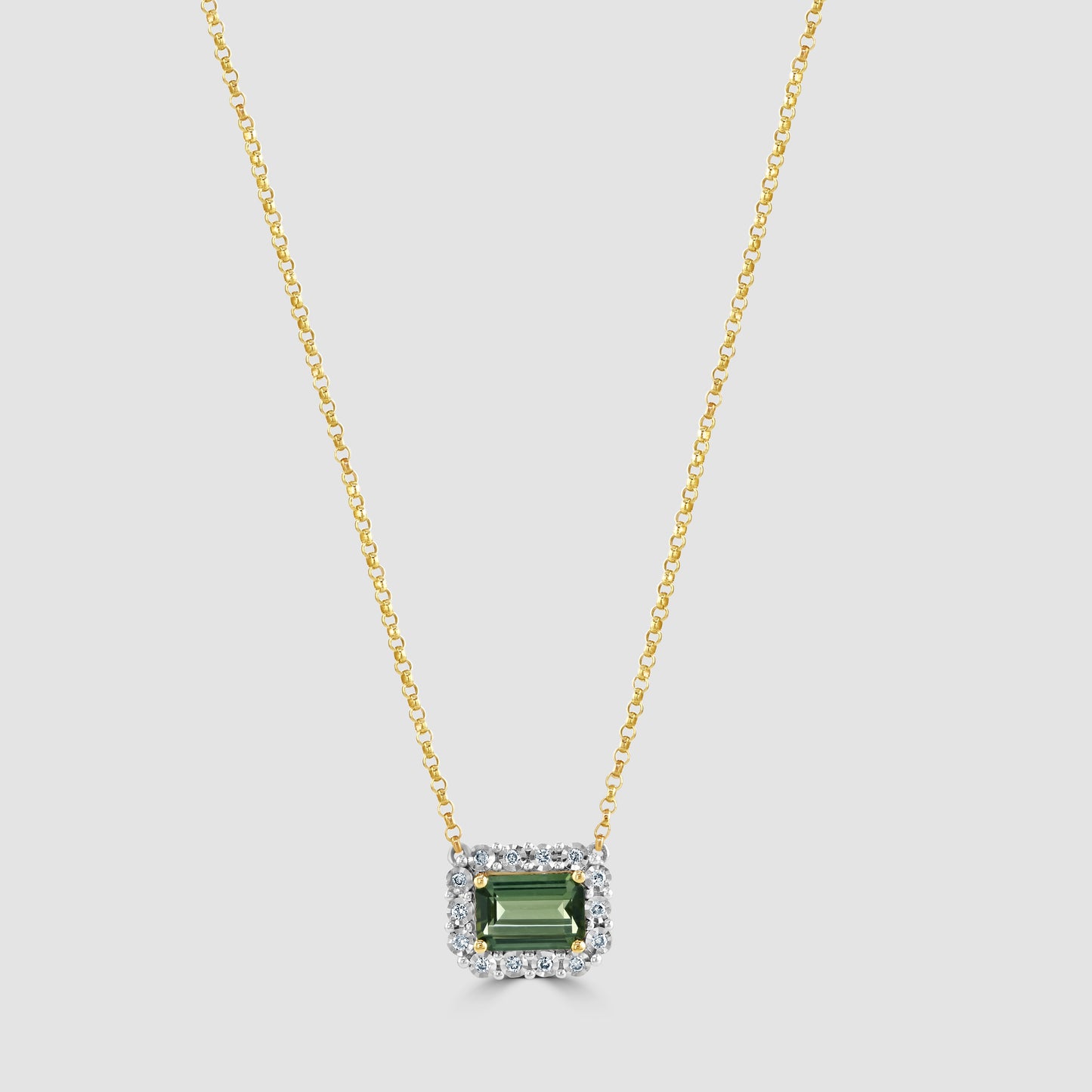 Green tourmaline and diamond rectangular cluster pendant and chain