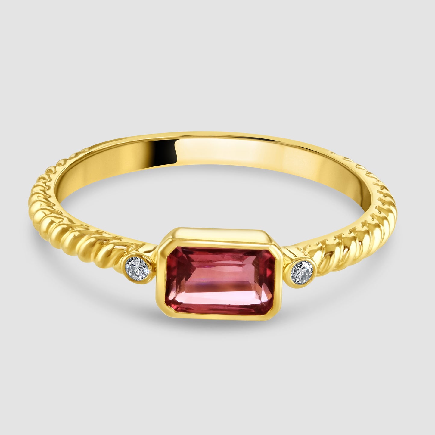 Yellow gold pink tourmaline and diamond ring