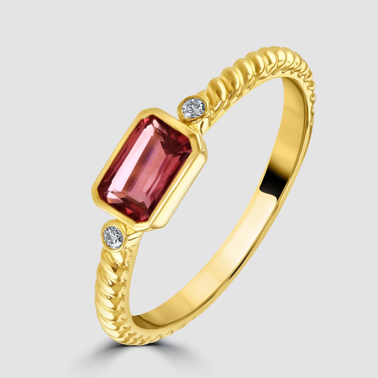 Yellow gold pink tourmaline and diamond ring