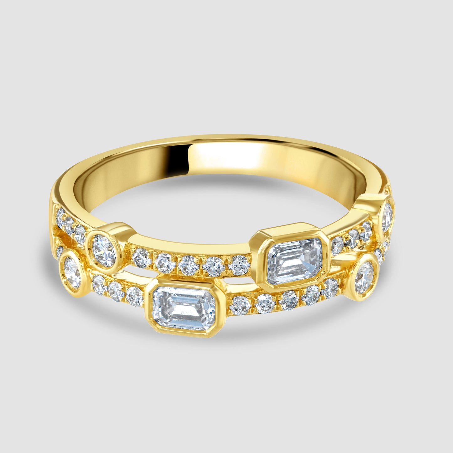 Unusual brilliant and emerald cut diamond ring
