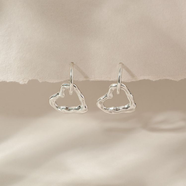 Molten Sterling Silver Heart Drop Earrings