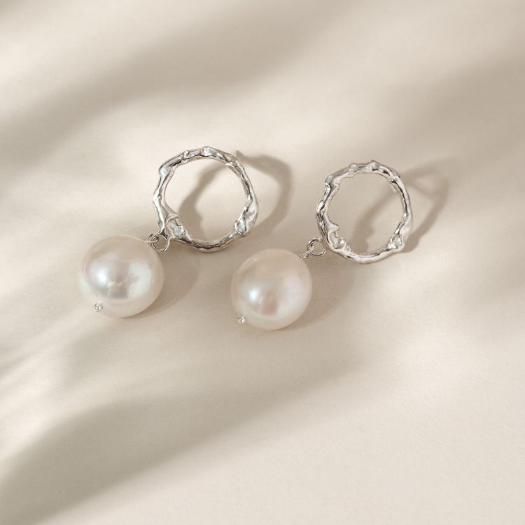 Sterling Silver Molten Halo Pearl Drop Earrings