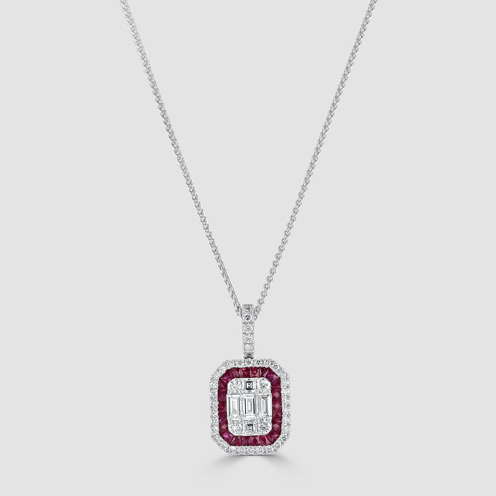 18ct white gold ruby and diamond pendant and chain