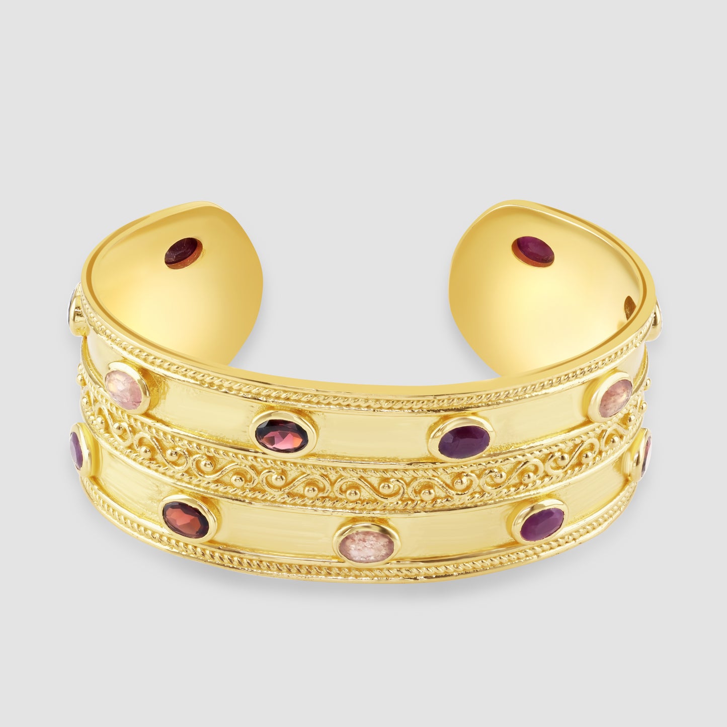 Gold plated silver Etruscan style garnet set cuff bangle