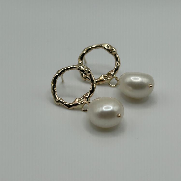 9ct Gold Molten Halo Pearl Drop Earrings