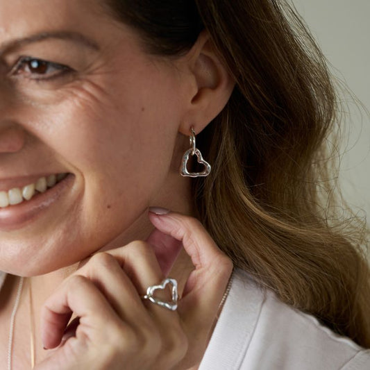 Molten Sterling Silver Heart Drop Earrings