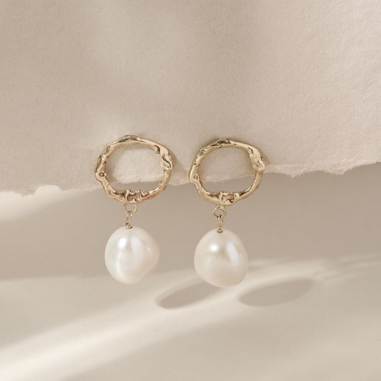 9ct Gold Molten Halo Pearl Drop Earrings