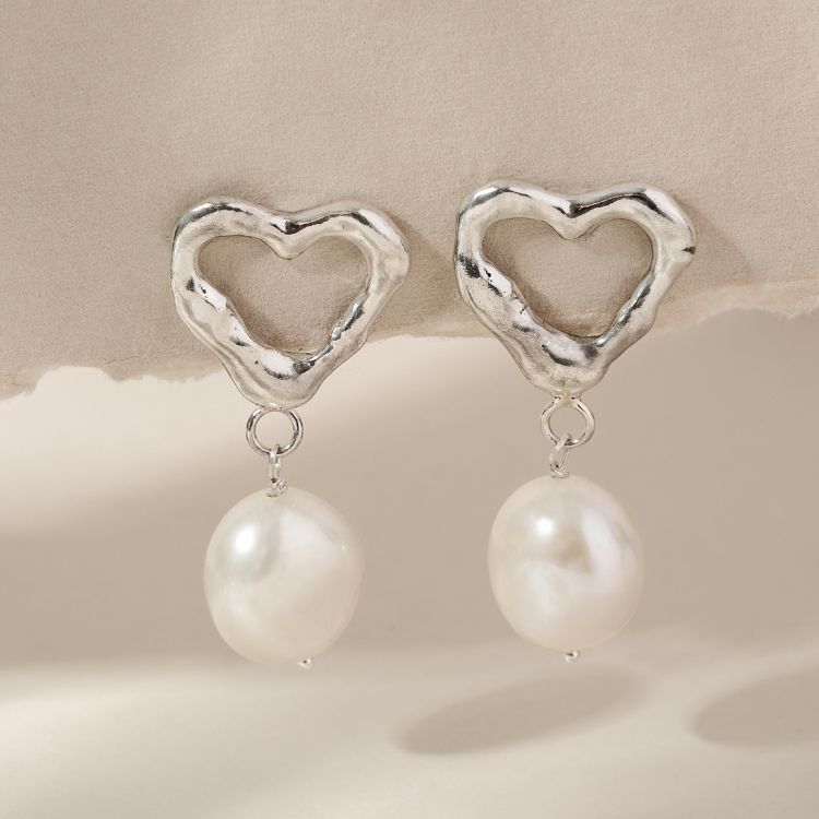 Sterling Silver Molten Heart Pearl Drop Earrings