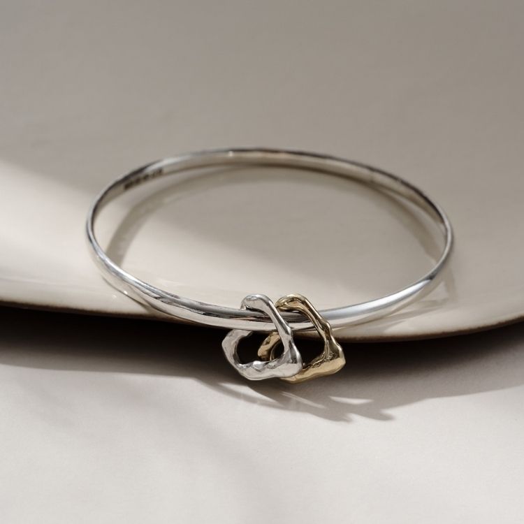 Silver Molten Heart Charm Bangle