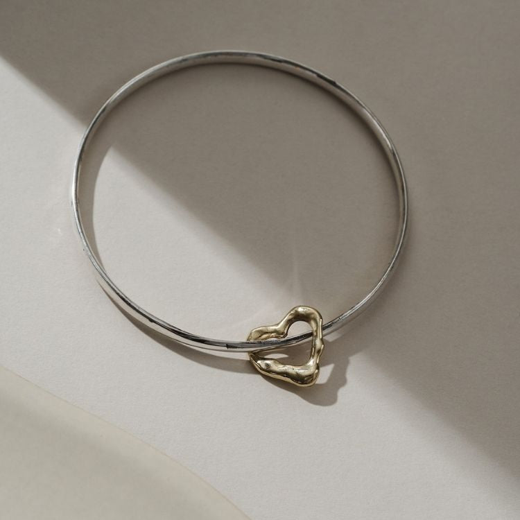 Silver Molten Heart Charm Bangle