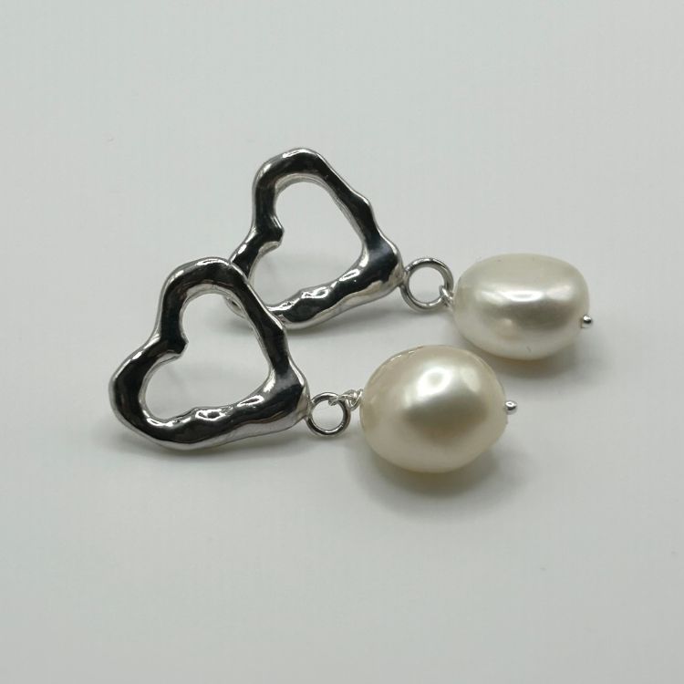 Sterling Silver Molten Heart Pearl Drop Earrings