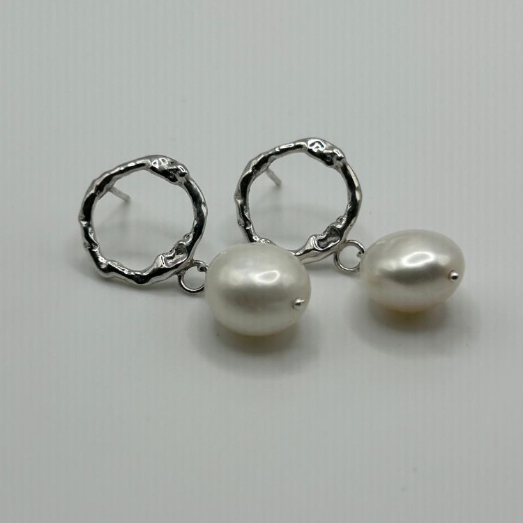 Sterling Silver Molten Halo Pearl Drop Earrings
