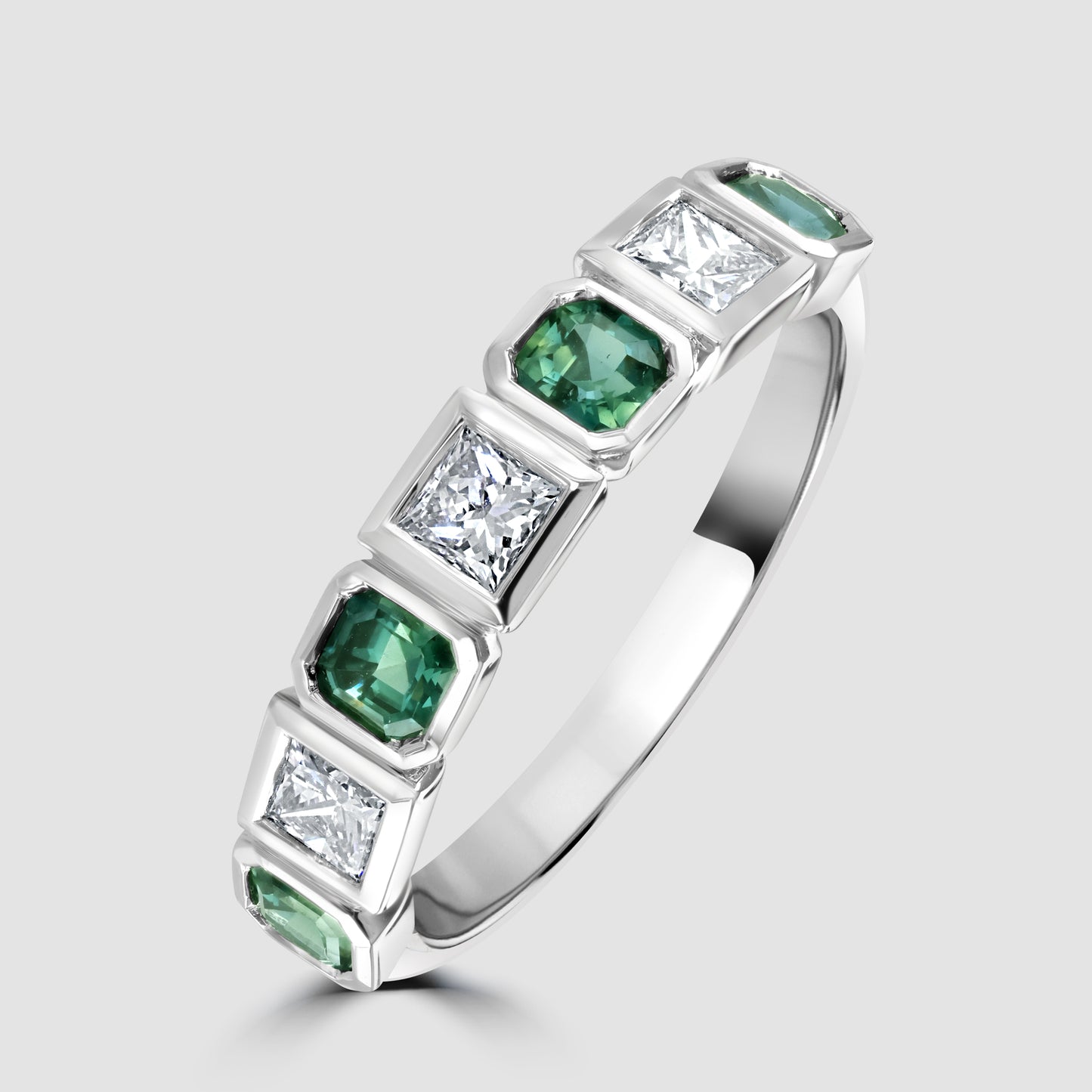 Teal sapphire and diamond half eternity ring