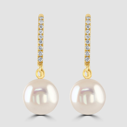 Pearl and diamond hook wire drop earrings