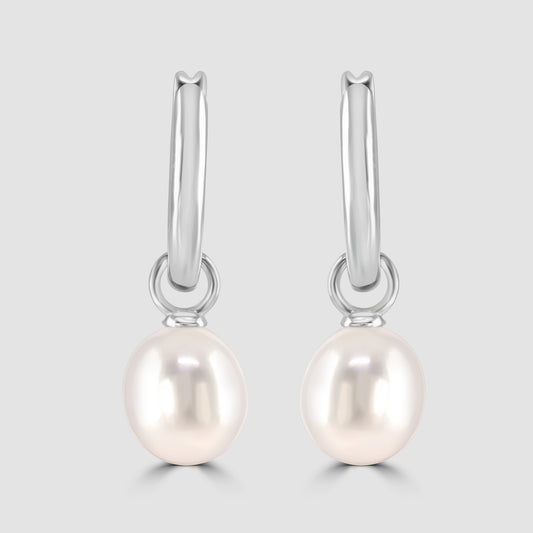 9ct white gold huggy hoop earrings with pearl drop