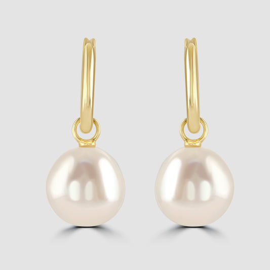 9ct yellow gold huggy hoop earrings with pearl drop