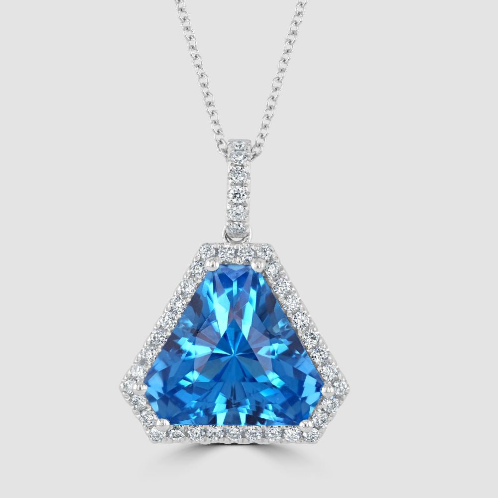 Blue topaz and diamond triangular cluster pendant and chain