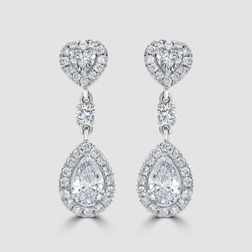 Heart and pear shape diamond drop earrings