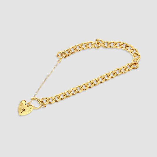 9ct yellow gold faceted curb bracelet with heart padlock