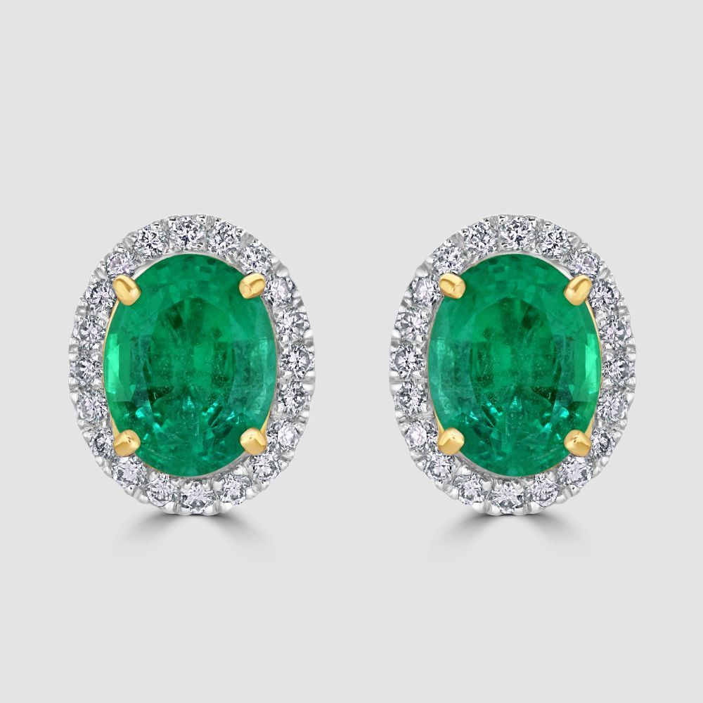 Oval emerald and diamond cluster stud earrings