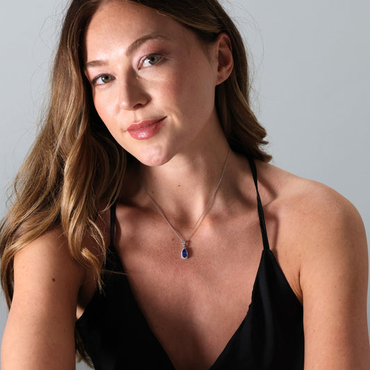 Sapphire and diamond pear shape pendant and chain