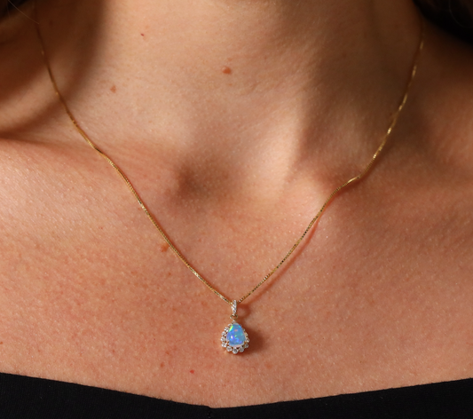 Opal and diamond teardrop pendant and chain