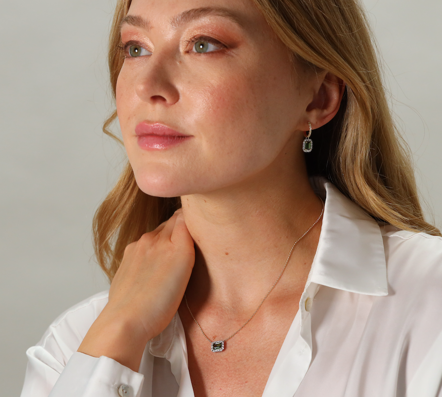 Green tourmaline and diamond rectangular cluster pendant and chain