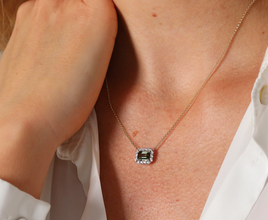 Green tourmaline and diamond rectangular cluster pendant and chain