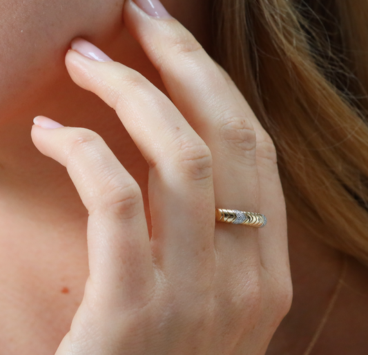 Diamond set chevron ridged hoop ring