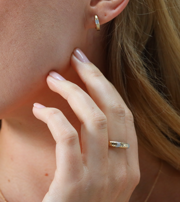 Diamond set chevron ridged hoop ring