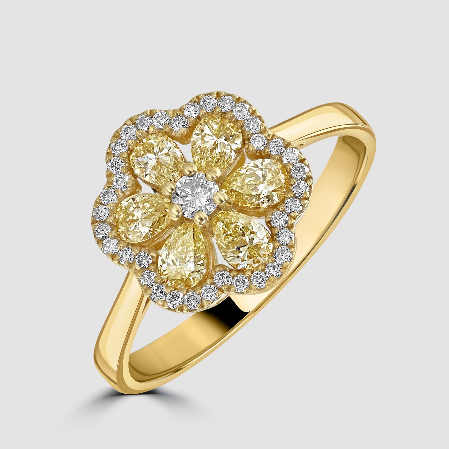 Yellow and white diamond floral cluster ring