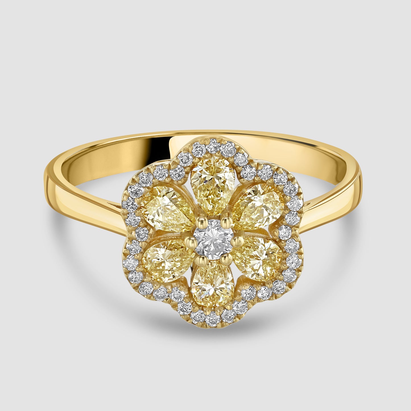 Yellow and white diamond floral cluster ring