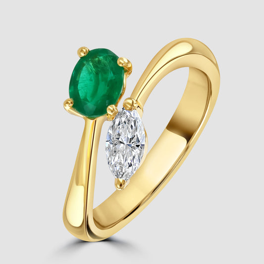  Moi et Toi emerald and diamond crossover ring