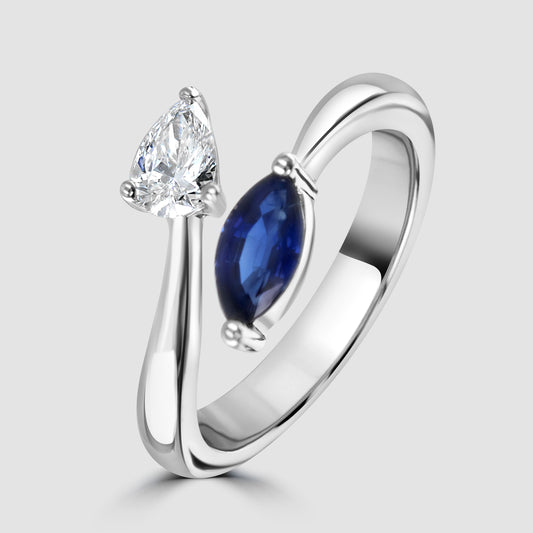 Moi et Toi sapphire and diamond crossover ring