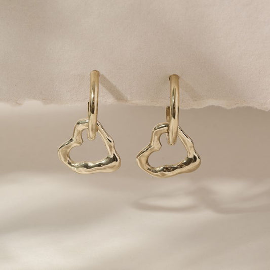 9ct Gold Molten Heart Drop Earrings