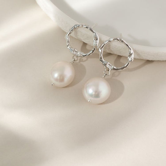 Sterling Silver Molten Halo Pearl Drop Earrings