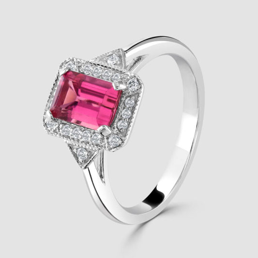 18ct Rubellite and white gold diamond cluster ring