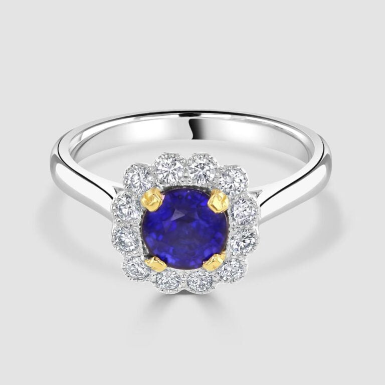 18ct White gold sapphire and diamond cushion cluster ring