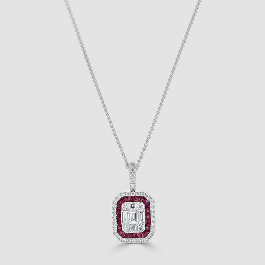 18ct white gold ruby and diamond pendant and chain