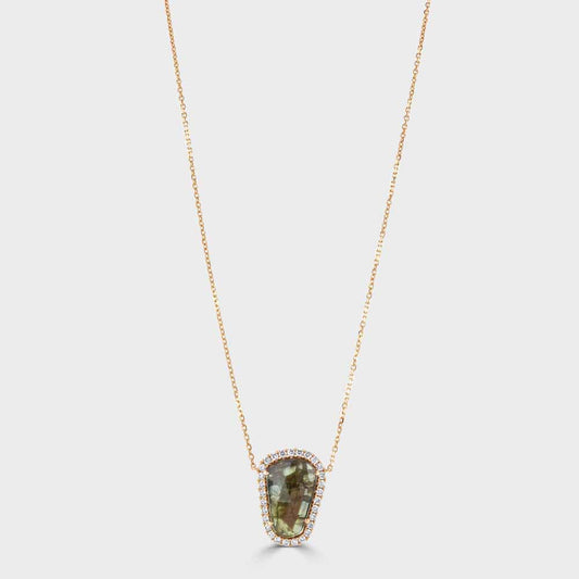 18ct rose gold ‘gold sheen‘ green sapphire and diamond pendant and chain