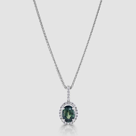 18ct white gold Alexandrite and diamond cluster pendant and chain