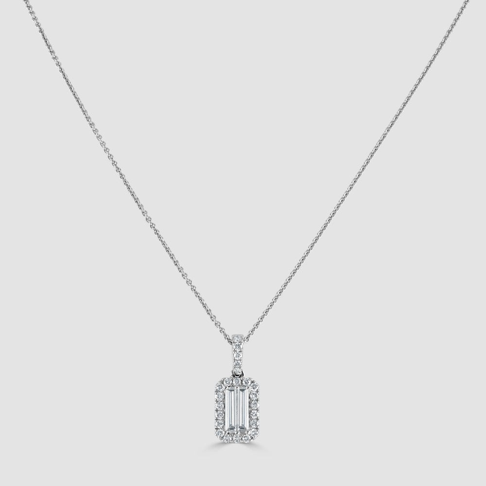 18ct white gold baguette cut diamond cluster pendant and chain