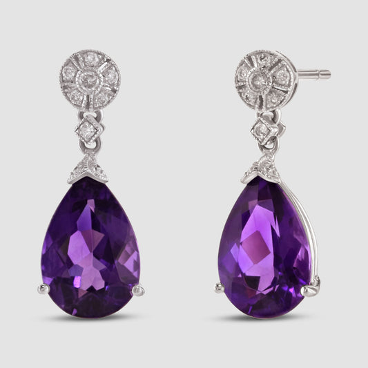 18ct white gold pear shape amethyst and diamond drop earrings