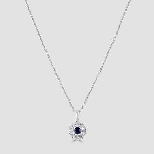 18ct white gold sapphire and diamond cluster pendant and chain