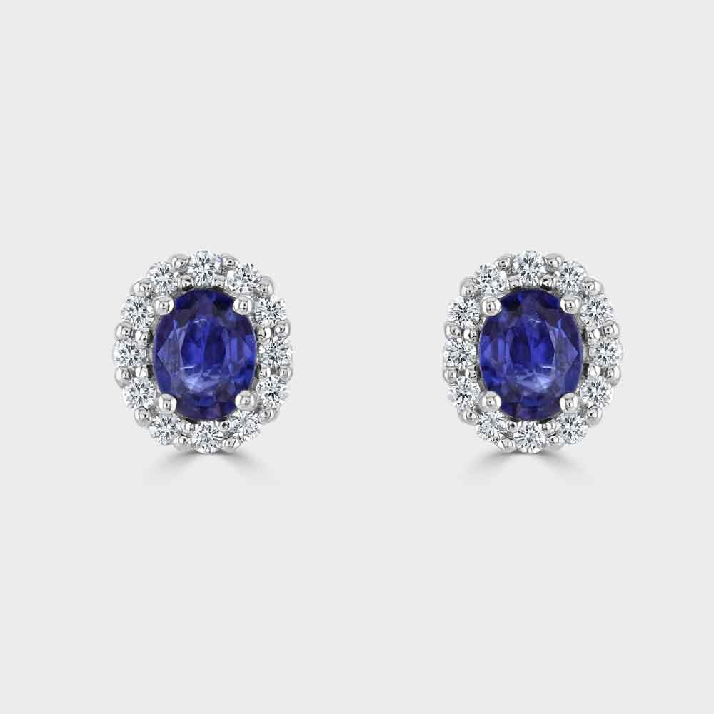 18ct white gold sapphire and diamond oval cluster earrings