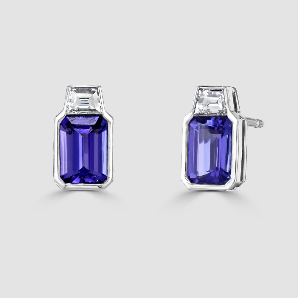 18ct white gold tanzanite and diamond emerald cut earrings