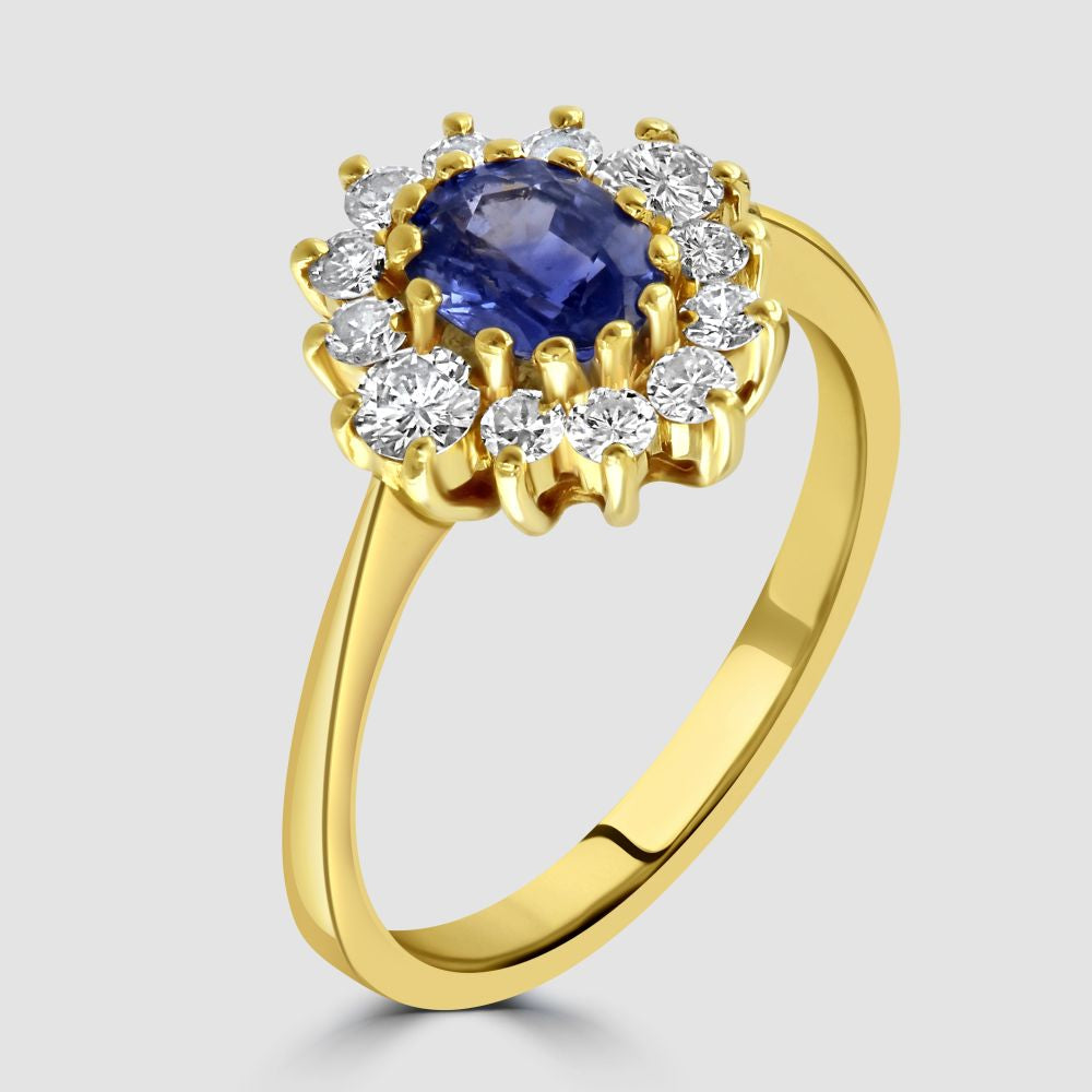 18ct yellow gold oval sapphire and diamond cluster ring