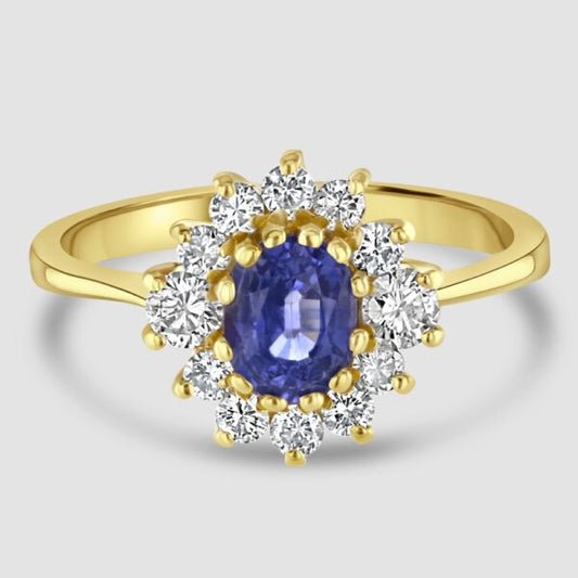 18ct yellow gold oval sapphire and diamond cluster ring