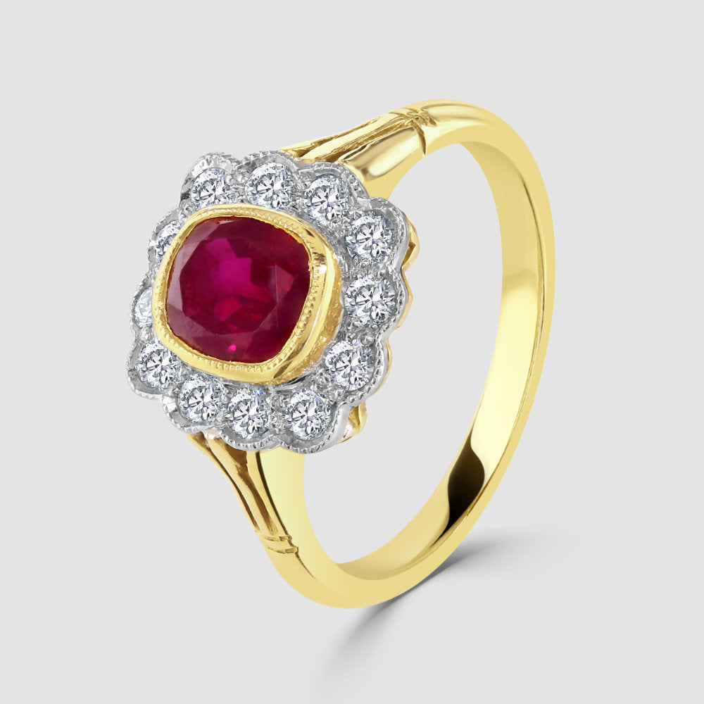 18ct yellow gold ruby diamond cushion cluster ring